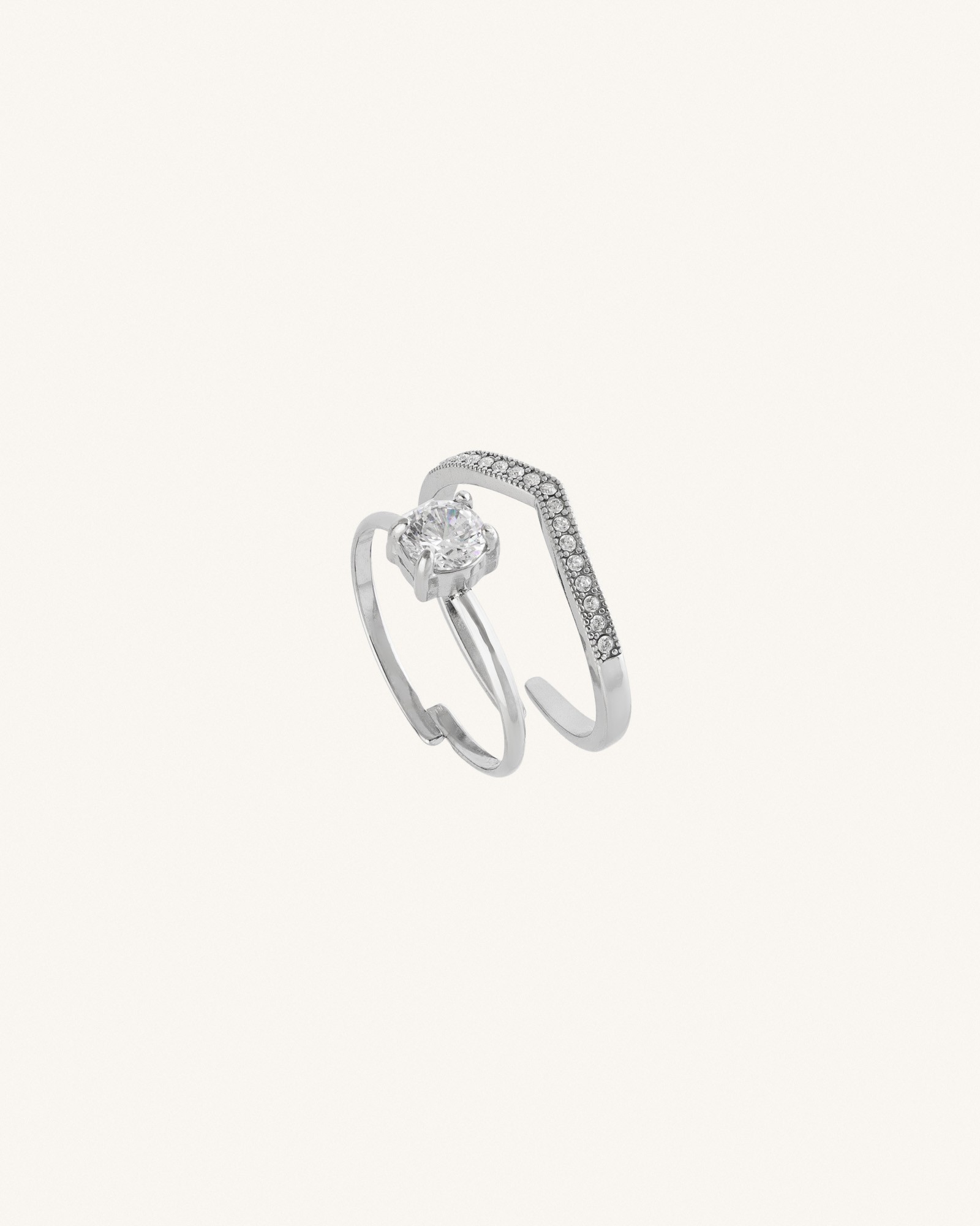 Δαχτυλίδια Σετ Γυναικεία Ρυθμιζόμενα με Solitaire & Pave Ζιργκόν Crown Duo